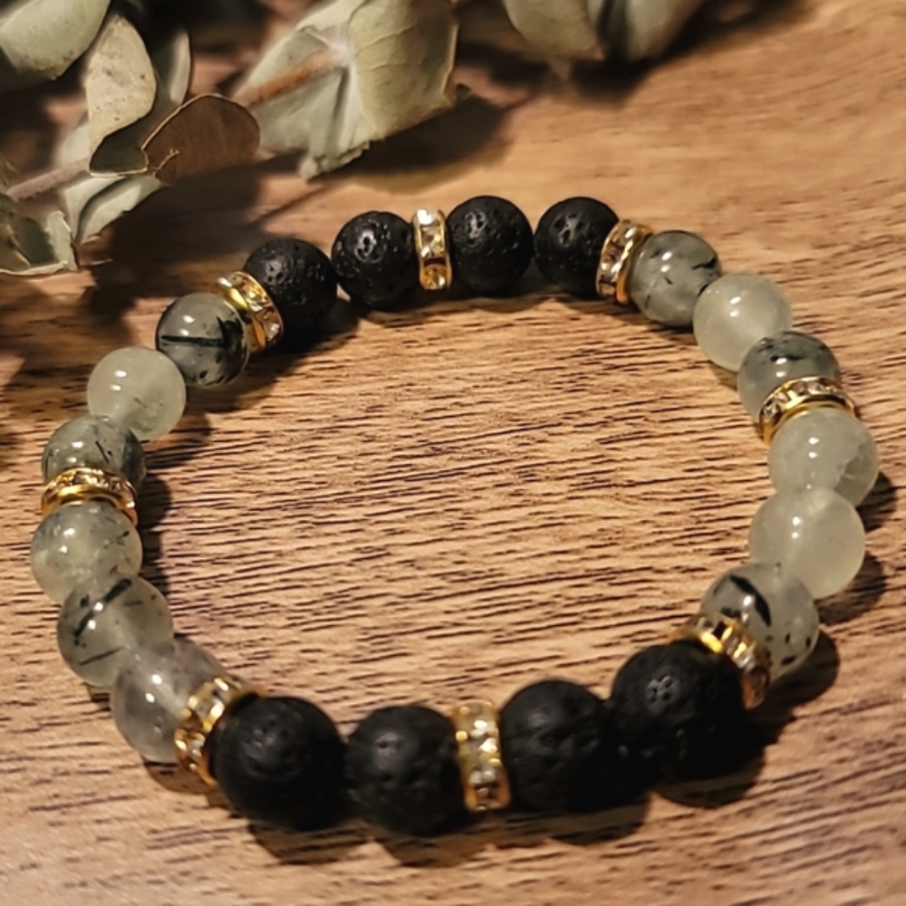 Prehnite and Lava Stone Stretch Bracelet